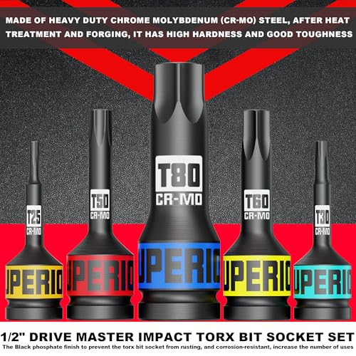 Image of 10 Piece 1 /2 inch Drive Impact Torx Bit Socket Set, T25 - T80, Impact Star Bit Socket Set, CR-MO Steel, Automotive Machinery Repair Bicycle Servicing and Furniture Assembly
