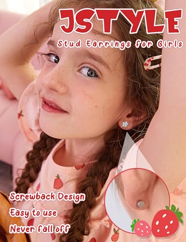 Jstyle 8 Pairs Hypoallergenic Surgical Stainless Steel Stud Earrings - Cute Screw Back Jewelry Set Gift for Girls Women Toddlers Kids Comfortable Fit 20G - Multicolored Pink3