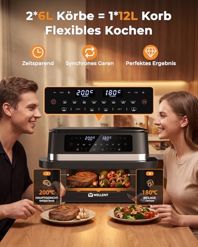 WELLENT 2950W Airfryer 2 Kammern, 12L XXL Heißluftfritteuse mit Sichtfenster, 8-in-1 Heissluftfritteuse Doppelkammer mit Match &… – Ansicht 2