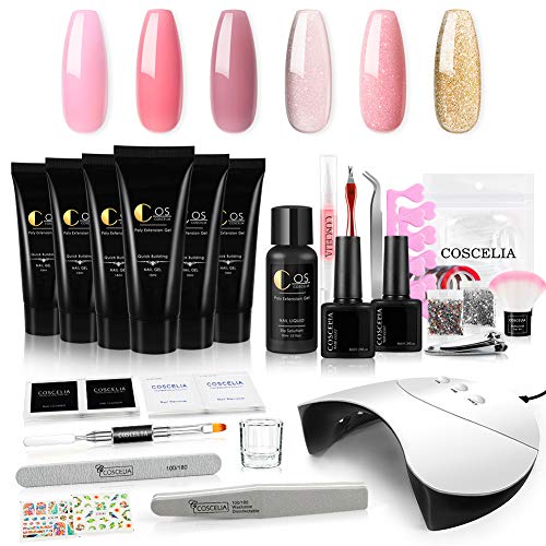 Coscelia Poly Nail Gel Starterset Schnell Aufbau Gel 6 * 15ML Glitter UV Verlängerung Nagelgel Set 36W UV/LED Nagellampe…
