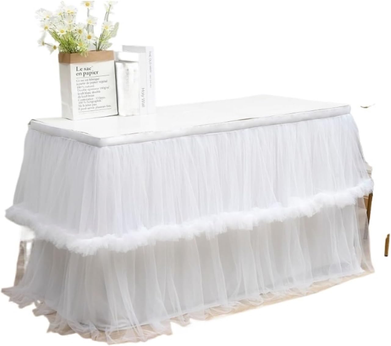 Party Table Skirt， Christmas Tulle Dress Table Dress Wedding Birthday Party Dessert Table Irregular Lace Gauze Table Dress for Wedding, Birthday, Party, Bar, Prom(White)