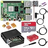 Yosemy Raspberry Pi 4 Modell B 4-GB-Starterkit mit 64GB Class 10 SanDisk Micro SD Karte, 5V 3A USB-C Netzteil, Lüfter, Schwarzes Gehäuse, 4 Kühlkörper Micro HDMI zu HDMI Adapterkabel Netzwerkkabel