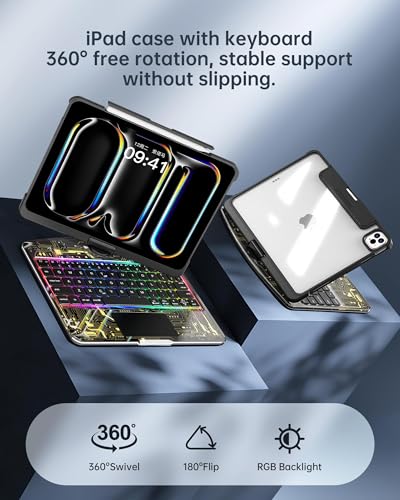 Image of Clear Keyboard Case for iPad Air 13 inch (M3 /M2, 2025 /2024) & Pro 12.9 inch (3 /4 /5 /6th Gen) 360 Swivel Multi-Touch Trackpad with Wireless Bluetooth 7-Color Backlight, Pencil Holder Black