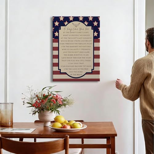 Image of Patriotic O Say Can You See Wall Decor 24x36 In, Star Spangled Banner National Anthem Canvas Art, 4th of July Independence Day Framed Prints for Home & Office, Made in USA