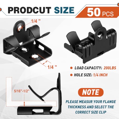 Image of Hicarer 50 Pcs Hammer on Flange Clip Bottom Mount 5 /16-1 /2 Inch Clamp Bulk with Hole Cable Clip for Flanges Spring Steel