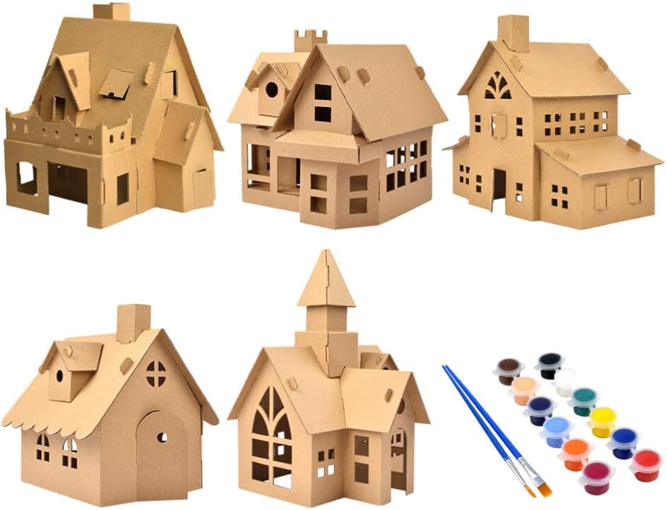 NUOBESTY 5PCS Unfinished Christmas House with Paint Set Art and Craft House for Kids DIY Crafts Woodworking Building Project for Children to Build& Paint