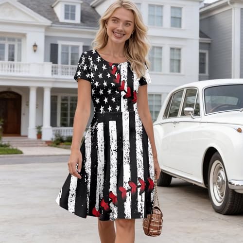 Image of AFPANQZ Womens Casual Summer Lightweight Vintage Dress Short Sleeve Midi Dress Knee-Long Luxury Formal Dress