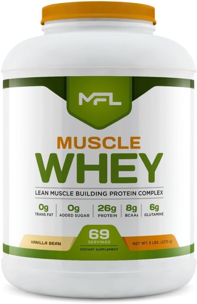MFL Muscle Whey Protein 5 lbs l 26g of Protein l 8g BCAAs l 6g Glutamine l Low Carbs l 69 Servings (Banana Cream)