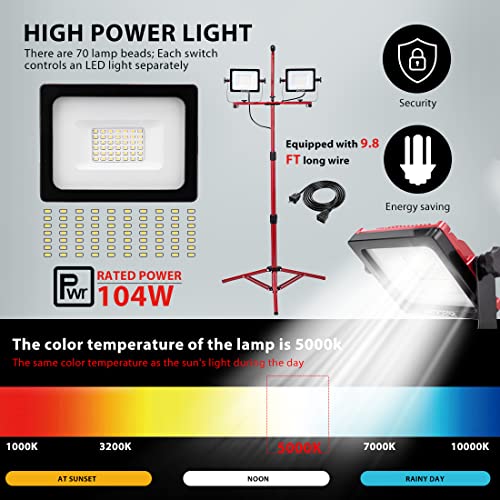 Specstar 104W 10000 Lumen Dual Head Led Work Lights With Telescoping Tripod Stand Rotating Lamps, Ip65 Waterproof, 5000K Daylight White, 10 Ft Power Cord #TOP4