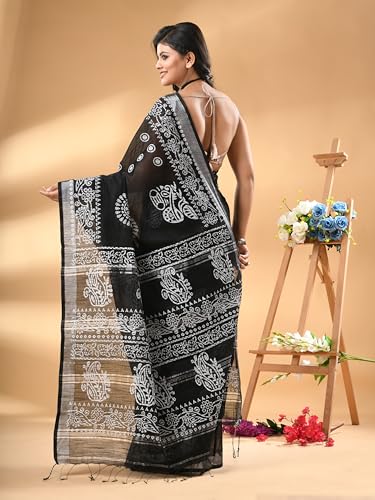 Image of WoodenTant Women's Linen Slab Cotton Blend Block Print Saree with Blouse Piece | Traditional Soft Saree (6.5m Length, 1.2m Width)