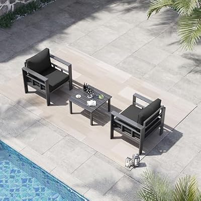 VONZOY 3 Piece Aluminum Patio Furniture Set, Thick Cushions, Aluminum Outdoor Sectional Conversation Set with Coffee Table for Porch, Backyard, Deck(Grey/Dark Grey)