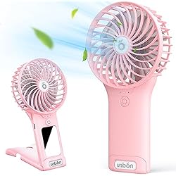 Ventilador Mavichi UNBON Ventilador Portatil, Ventilador de Mano Recargable USB, Mini Ventilador Portátil Pequeño Silencioso Potente con 4 Velocidades y Espejo Plegable Personal Para Hogar Oficina Viajes Exterior - Rosa