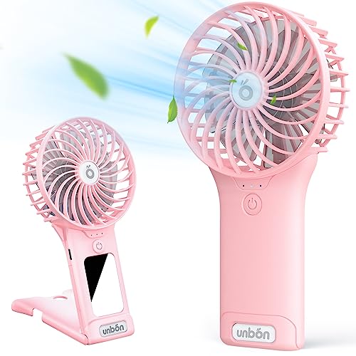 UNBON Ventilador Portatil, Ventilador de Mano Recargable USB, Mini Ventilador Portátil Pequeño Silencioso Potente con 4 Velocidades y Espejo Plegable Personal Para Hogar Oficina Viajes Exterior - Rosa
