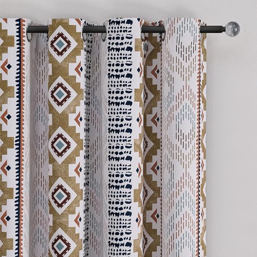 Image of XiDi 100% Blackout Curtains for Bedroom 84 Inches Long 2 Panels Farmhouse Vintage Tan Geometric Patterned Brown Blackout Curtains for Living Room Thermal Insulated Grommet Window Boho Drapes, 52x84