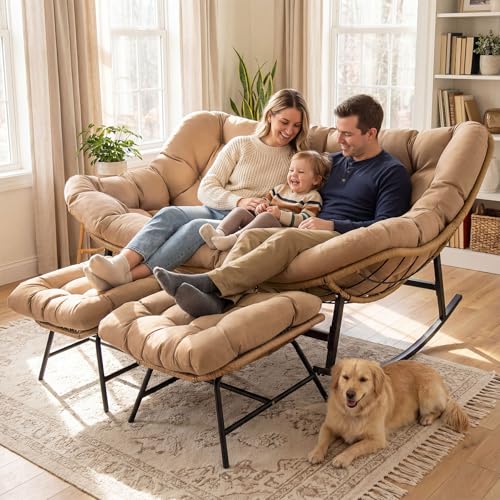 Image of NICESOUL Oversized Double Rocking Papasan Chair with Cushion, 2 Person Big Wicker Outdoor Comfy Recliner, Large Heavy Duty 700 lbs Loveseat for Patio, Balcony, Backyard