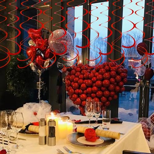 Image of Red Ceiling Swirl Foil Decorations Hanging Plastic Streamer Themed Swirl Party for Valentine's Day Day Carnival Celebration, Pack of 28