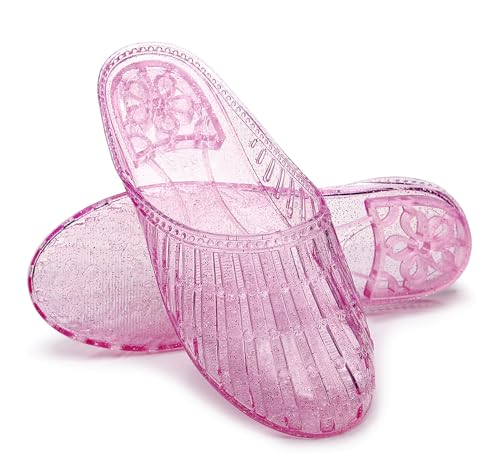 Image of Womens Jelly Shoes, White Jellies Sandals Glitter Clear Flats Slip On Summer Beach Slippers Transparent Closed Toe Soft Slide