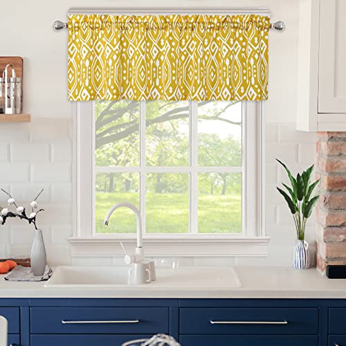 Faironly Small Kitchen Valances Geometric Short Tier Window Curtains Farmhouse Rod Pocket Window Treatments Valance For Bedroom Living Room Nursery Dorm, 52" W X 15" L, Yellow #TOP2