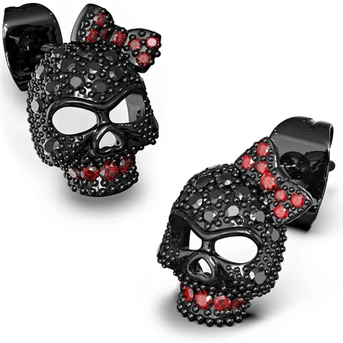 Exquisite Skull Earrings, Sterling Silver Post Cubic Zirconia Stud Earrings for Women men, Hypoallergenic Goth Jewelry, Gold, Black Stones