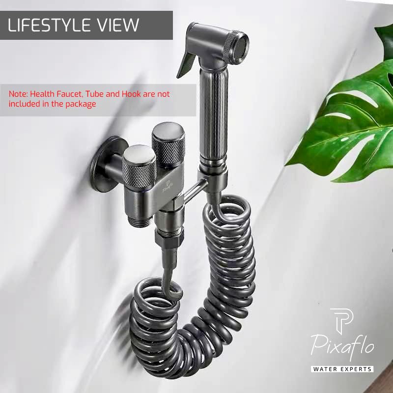 Image of Pixaflo Compact Brass 2 Way Angle Cock | 2-in-1 Angle Valve with Wall Flange | For Bathroom, Toilet, Wash Basin | Black Finish