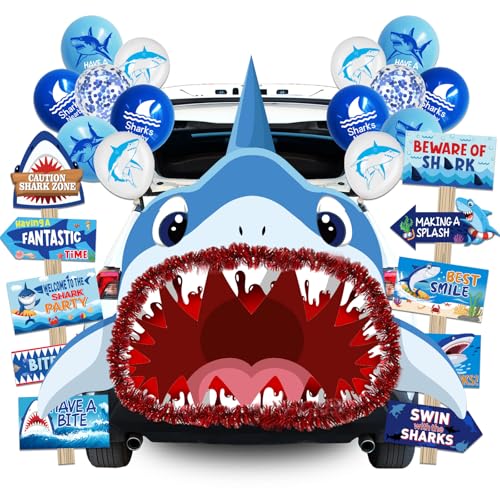 Shark Trunk Or Treat Car Decorations Kit, Trunk Or Treat Car Decorations Kit Includes Halloween Car Decorations Backdrop Ocean Sign and Balloons, Car Archway SUV Garage Door Indoor Decorations