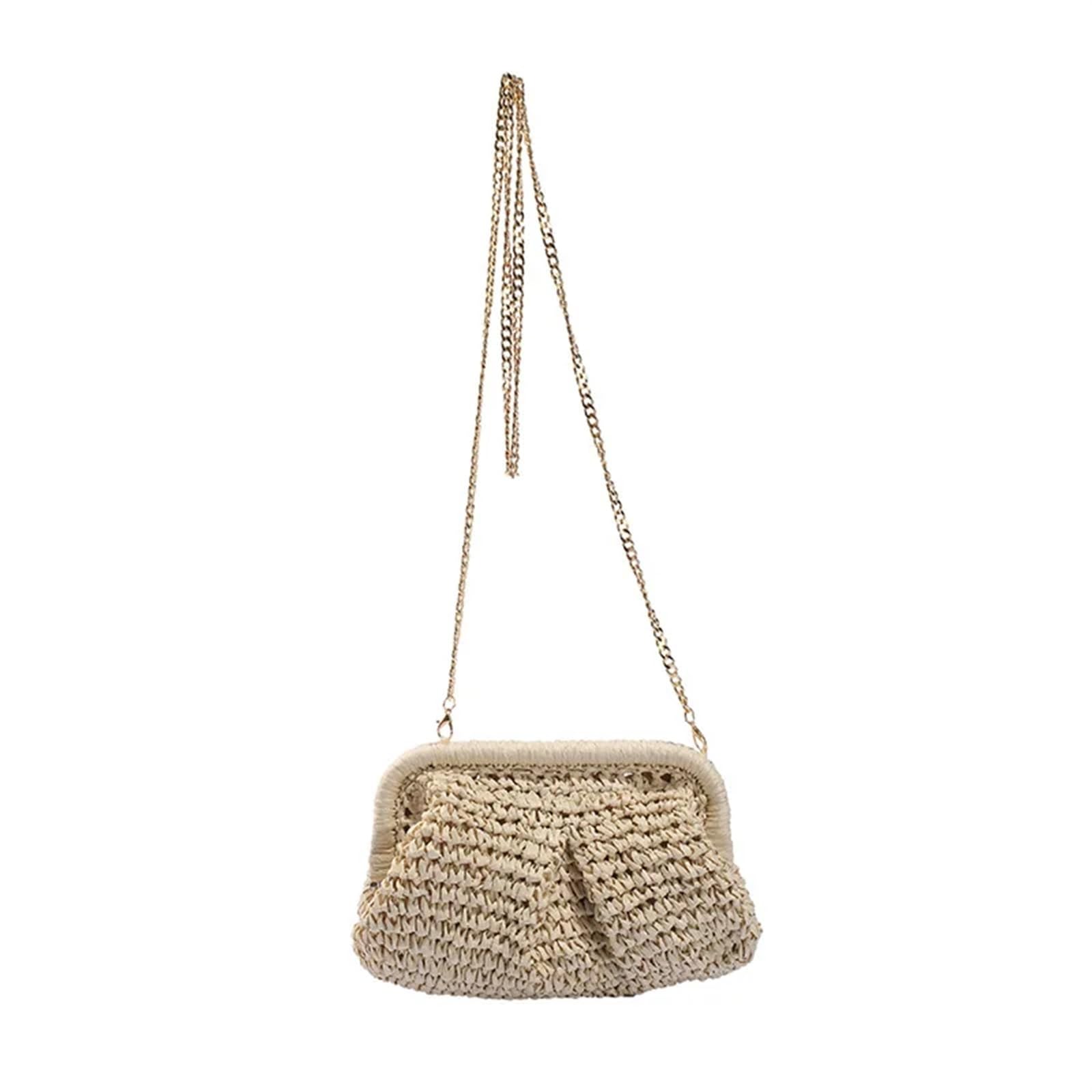 DVMSIEF Straw Bag Women Shoulder Bag Straw Shell Summer Woven Rattan Handbags Chains Clip Crossbody Bags for Beach Pouch(Beige)