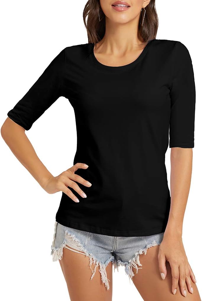 Women's Basic Half Sleeve Crew Neck T-Shirt Casual Solid Slim Cotton Top