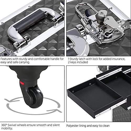 Yaheetech Rolling Makeup Train Case Aluminum Cosmetic Case With Wheels Barber Case Salon Lockable Travel Trolley With Sliding Drawers Removable Divider, Black #TOP4