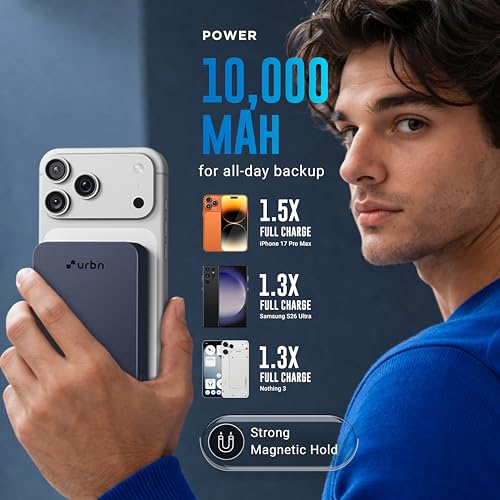 Image of URBN Slate Qi2 MagSafe Power Bank 10000mAh | 15W Magnetic Wireless Charging | 20W USB-C PD Fast Charging | LED Display | Premium Metallic Finish | 1 Year Warranty (Blue)