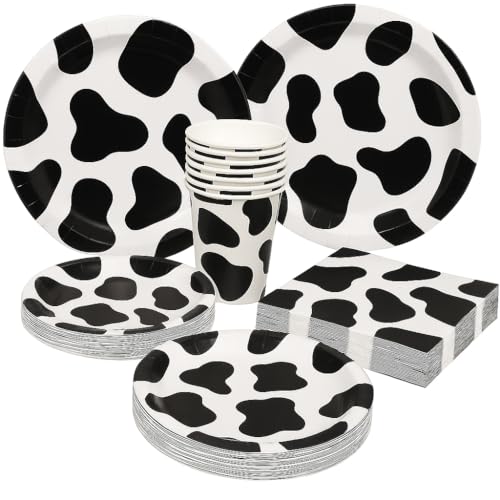 Oojami Cow Print Party Supplies for 30 Guests – Complete Tableware Set with Dinner Plates, Dessert Plates, 9 oz Cups, 3-Ply Napkins – Cow Birthday, Baby Shower, Farm Animal Party Decorations