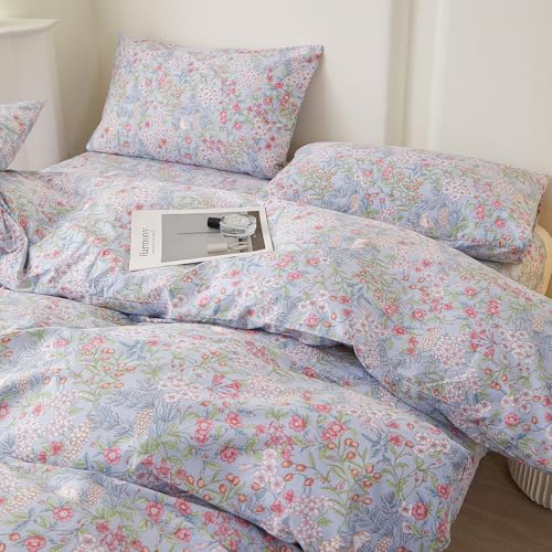 Image of Blue Floral Full Size Comforter Set Vintage Botanical Flowers Bedding Set | Aesthetic Birds Flowers Cottagecore Comforter Lightweight Soft Coquette Bedding Comforter with 2 Pillowcases