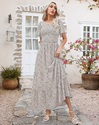Image of Kranda Women 2025 Summer Fall Crewneck Short Sleeve Smocked Floral Maxi Dress