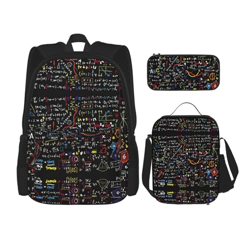 Math Formula Print 3 Piece Set Backpack, Lunch Bag, Pencil Case, Cute Sturdy For College And Travel