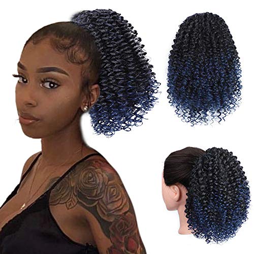 AISI BEAUTY Short Curly Ponytail Synthetic Ombre Blue Ponytail Extension Curly Drawstring Ponytail for Black Women(10 Inches, T1B/Blue)