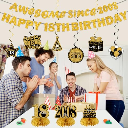 Image of Kuxriox 11Pcs 18th Birthday Decorations Kit for Men Women, Black Gold Happy 18th Birthday Banner, Awesome Since 2008 Centerpieces Swirls Party Supplies, Eighteen Bday Banner Ceiling Table Topper Sign