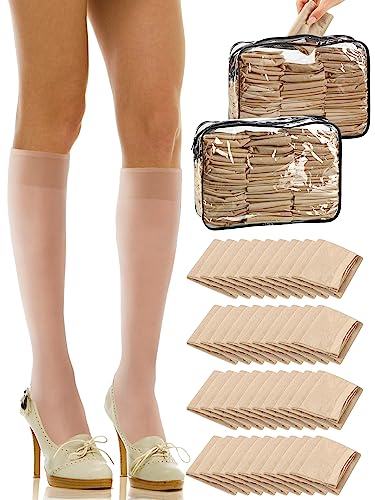 Preboun 100 Pairs Women's Nylon Knee Highs Reinforced Toe and Clear Toiletry Bags Support Knee High Stockings for Women