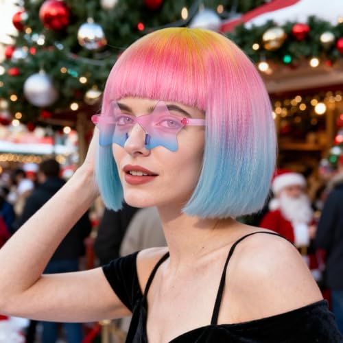 Image of ANOGOL Hair Cap + (Sunglasses) Yellow Pink Blue Gradient Bob Wig with Bangs Womens Party Wigs with Star-Shaped Glasses Short Neon Wig Daily Party Fun Wigs Women Halloween Costume Bachelorette Hair