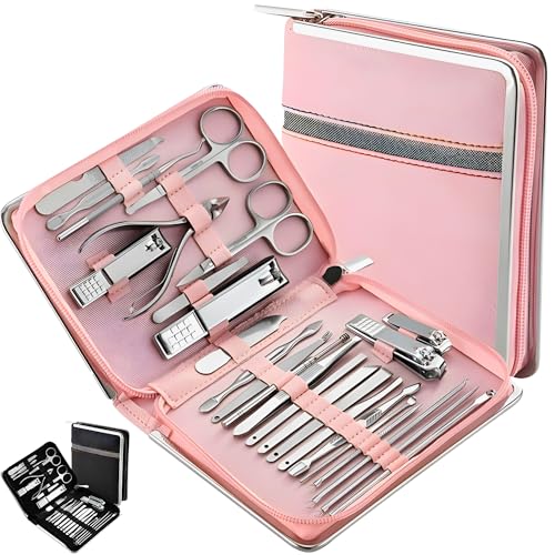 Kit Manicure e Pedicure com 26 Pçs - Alicate de Unha, Palito, Desencravador, Tesourinha, Espátula - Matetrial Durável em Aço Inox - Para Cuidados Pessoais com as Mãos Pés e Rosto, e Presente Criativo Unissex (Rosa)