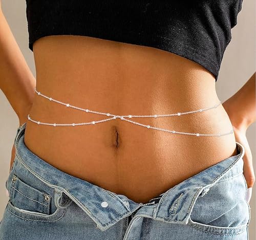 2PCS 14K Gold Plated Waist Chain Layered Pearl Cuban Beaded Satellite Figaro Belly Body Chain Boho Beach Waist Chains For Women Adjustable Waterproof Sexy Bikini Body Chain Jewelry For Women2