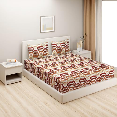 Image of Swayam Roto Cotton King Bedsheet with 2 Pillow Covers | Size 108 x 108 inch | 144 TC | Geometric Design | Soft Breathable Bed Sheet | Comfortable & Durable for Bedroom - Beige