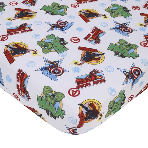 Image of NoJo Marvel The Avengers I Am A Hero Blue, Green, Red, and Yellow 4 Piece Toddler Bed Set - Comforter, Fitted Bottom Sheet, Flat Top Sheet, and Reversible Pillowcase