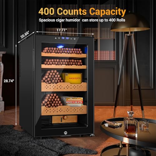 Image of Electric Humidor, 70L 400 Counts Large Capacity,Thermostatic Cooling Humidor Cabinet with Smart Humidity & Temp Control, Spanish Cedar Wood Shelves, Safety Lock