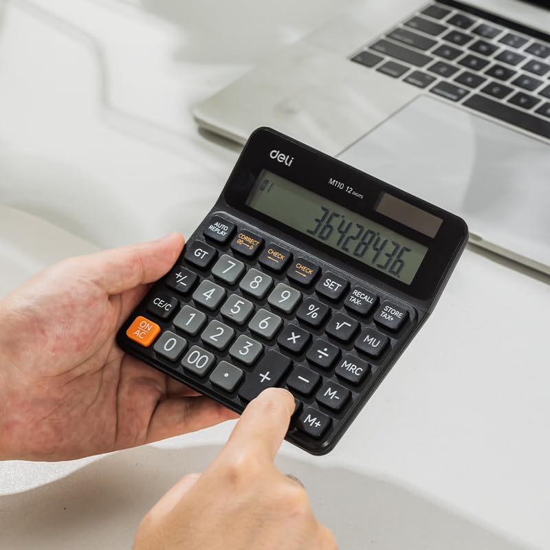 A hand pressing a button on the Deli EM110-12 calculator, showing the key layout.
