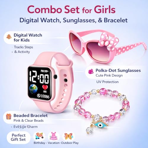 Image of ALNA-TURA Combo Gift For Kids Girls | Pink LED Digital Watch, Cute Pink Sunglasses & Beaded Bracelet | Stylish Fashion Accessories Kit for Baby Childrens | Best Birthday Return Gift Toy Set For Age 3 to 12 Years