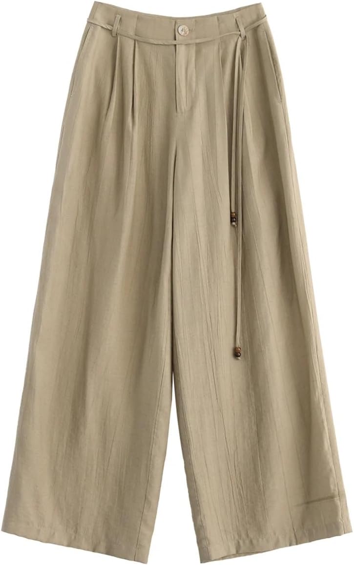 Women's Pant Loose Casual Linen Wide Leg Lace Up Trousers Female Pants Spring Autumn