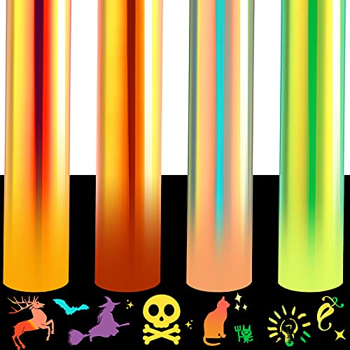 4 Sheets Glow in The Dark Heat Transfer Vinyl, Luminous Neon Iron on Vinyl 12  x 10  Fluorescent Color PU HTV Reflective Vinyl Bundle for T-Shirts Clothes Fabric Hats DIY Crafts Material