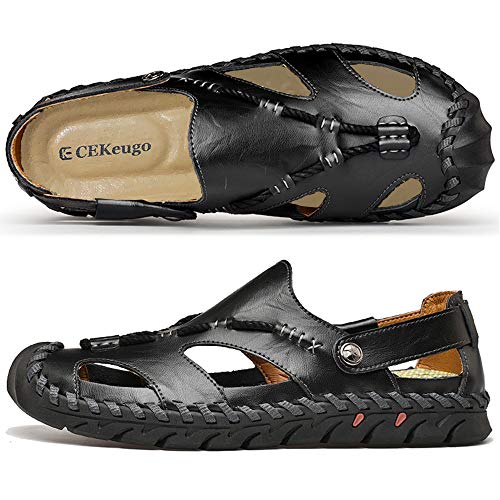 CEKeugo sandália masculina casual de couro com bico fechado e alça atlética para uso ao ar livre e c