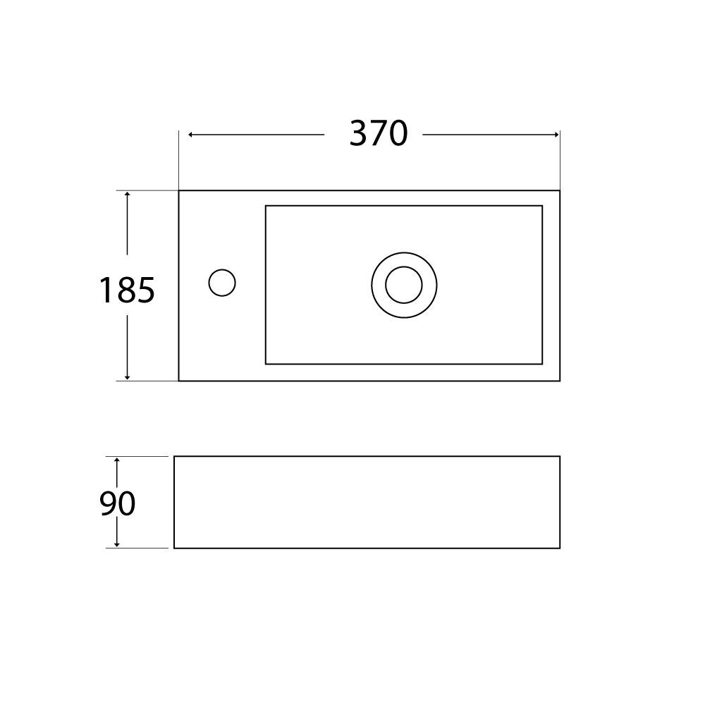 Lavabo de WC invités en céramique fine blanc brillant pour montage mural ou à poser avec trou pour robinetterie Dimensions 370 x 185 x 90 mm (trou pour robinet à gauche)