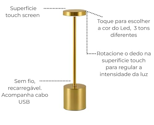 Luminária Abajur de Mesa Moderna Sem Fio Recarregável com Variação de Led e Dimmer, 32cm (Dourado)