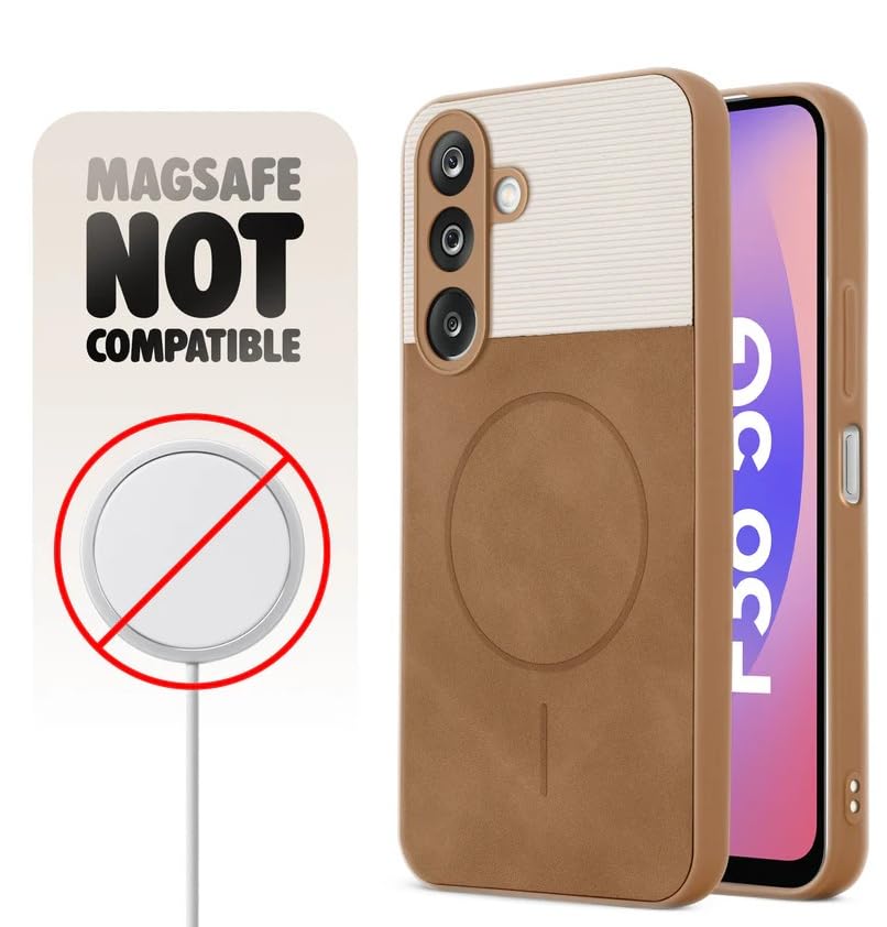 Image of Bintage CASE Mac Safe Design Hard Light Weight Back Case | Soft Border Camera Protect | Dual PU Leather Finish Back Cover Compatible for Samsung Galaxy A15 5G - White & Brown